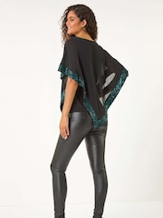 Roman Green Sequin Hem Overlay Stretch Top - Image 4 of 6
