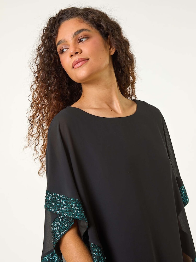 Roman Green Sequin Hem Overlay Stretch Top - Image 5 of 6
