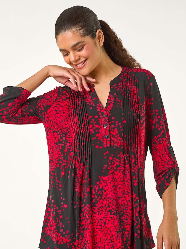 Roman Red Abstract Print Pintuck Shirt - Image 1 of 5
