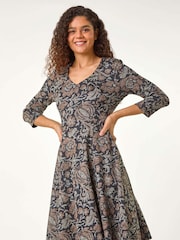 Roman Brown Floral Print Ruched Stretch Dress - Image 2 of 5