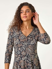 Roman Brown Floral Print Ruched Stretch Dress - Image 4 of 5