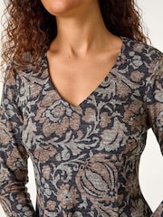Roman Brown Floral Print Ruched Stretch Dress - Image 5 of 5