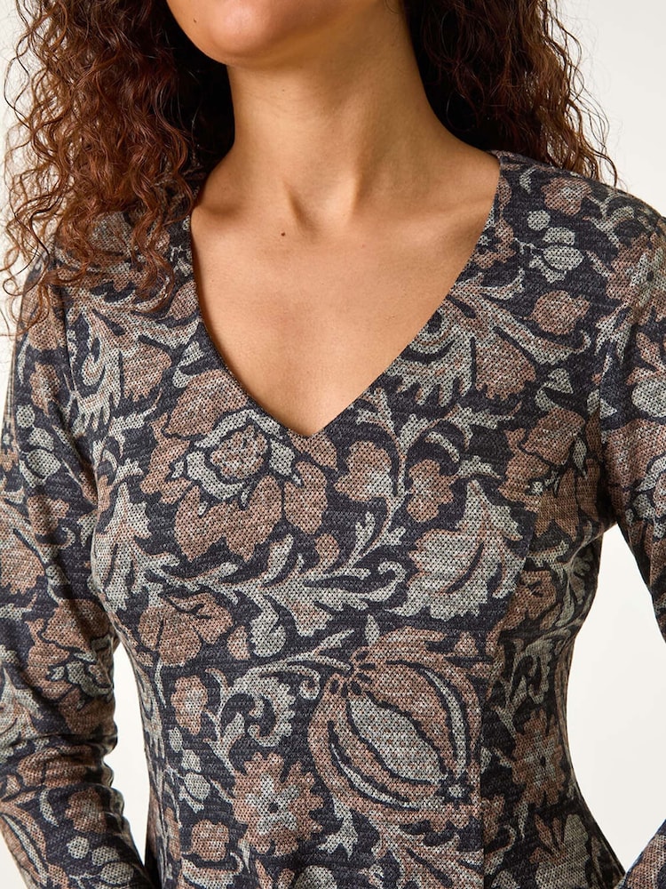 Roman Brown Floral Print Ruched Stretch Dress - Image 5 of 5