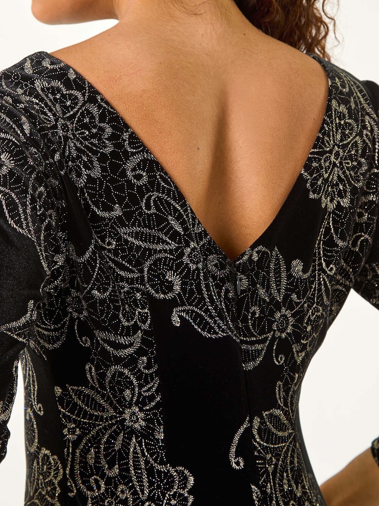 Roman Black Paisley Print Velvet Shift Dress - Image 6 of 6