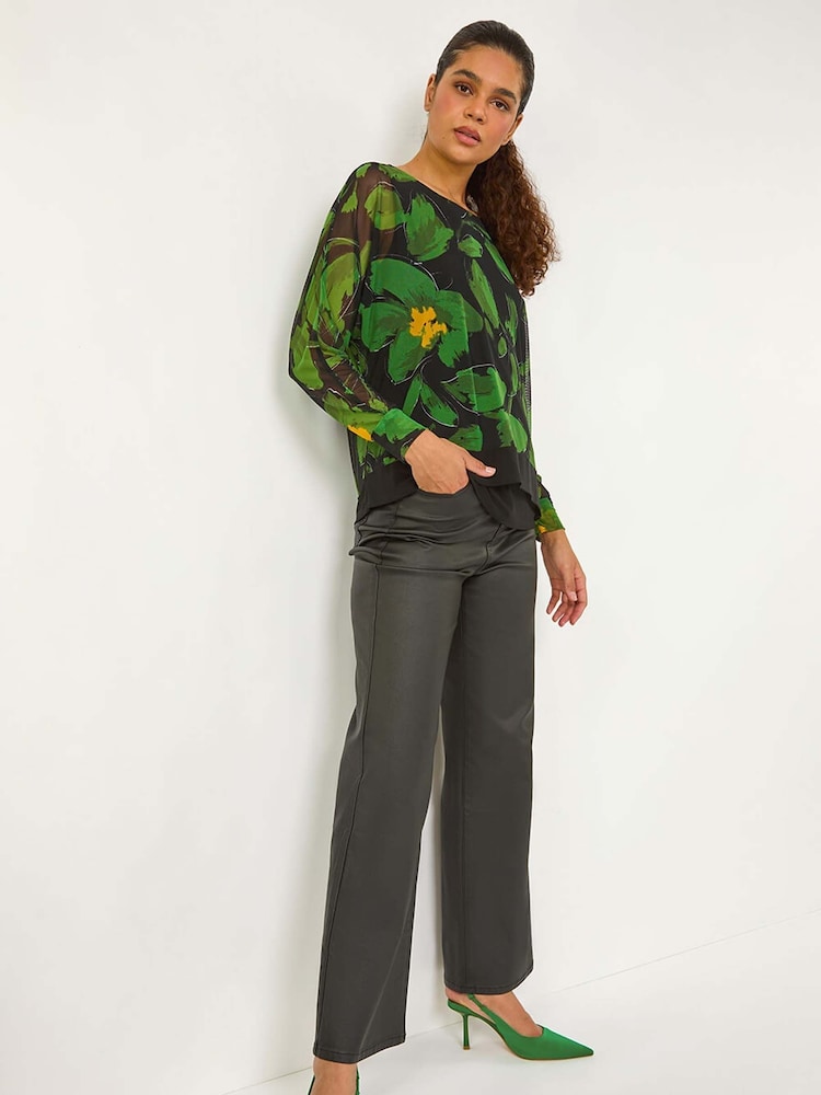 Roman Green Floral Mesh Overlay Stretch Top - Image 1 of 6 Roman Green Floral Mesh Overlay Stretch Top - Image 1 of 6