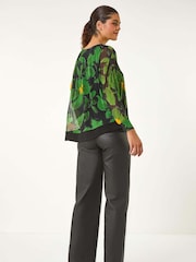Roman Green Floral Mesh Overlay Stretch Top - Image 4 of 6