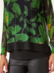 Roman Green Floral Mesh Overlay Stretch Top - Image 6 of 6