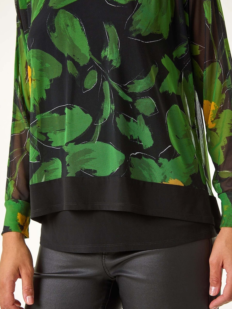 Roman Green Floral Mesh Overlay Stretch Top - Image 6 of 6
