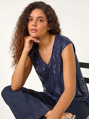 Roman Blue Sequin V-Neck Tunic Stretch Top - Image 1 of 6