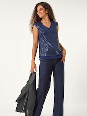 Roman Blue Sequin V-Neck Tunic Stretch Top - Image 3 of 6