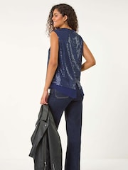 Roman Blue Sequin V-Neck Tunic Stretch Top - Image 4 of 6