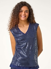 Roman Blue Sequin V-Neck Tunic Stretch Top - Image 5 of 6