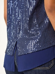 Roman Blue Sequin V-Neck Tunic Stretch Top - Image 6 of 6