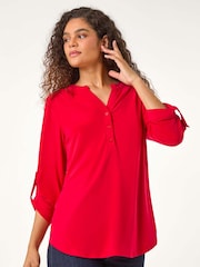 Roman Red V-Neck Button Detail Stretch Shirt - Image 4 of 5