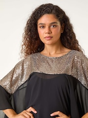 Roman Black Chrome Sequin Yoke Frilled Tunic Top - Image 1 of 5
