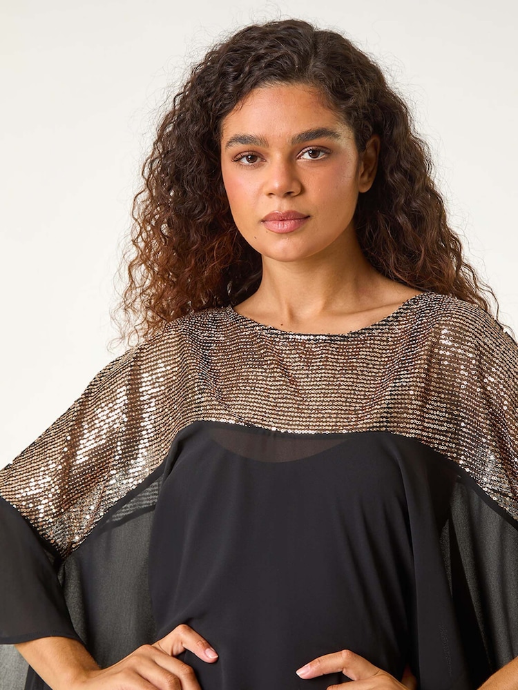 Roman Black Chrome Sequin Yoke Frilled Tunic Top - Image 1 of 5