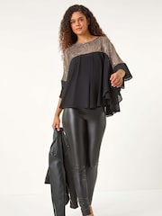 Roman Black Chrome Sequin Yoke Frilled Tunic Top - Image 2 of 5