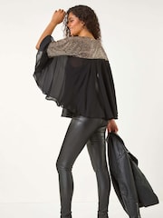 Roman Black Chrome Sequin Yoke Frilled Tunic Top - Image 3 of 5