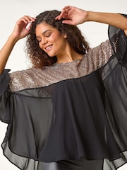 Roman Black Chrome Sequin Yoke Frilled Tunic Top - Image 4 of 5