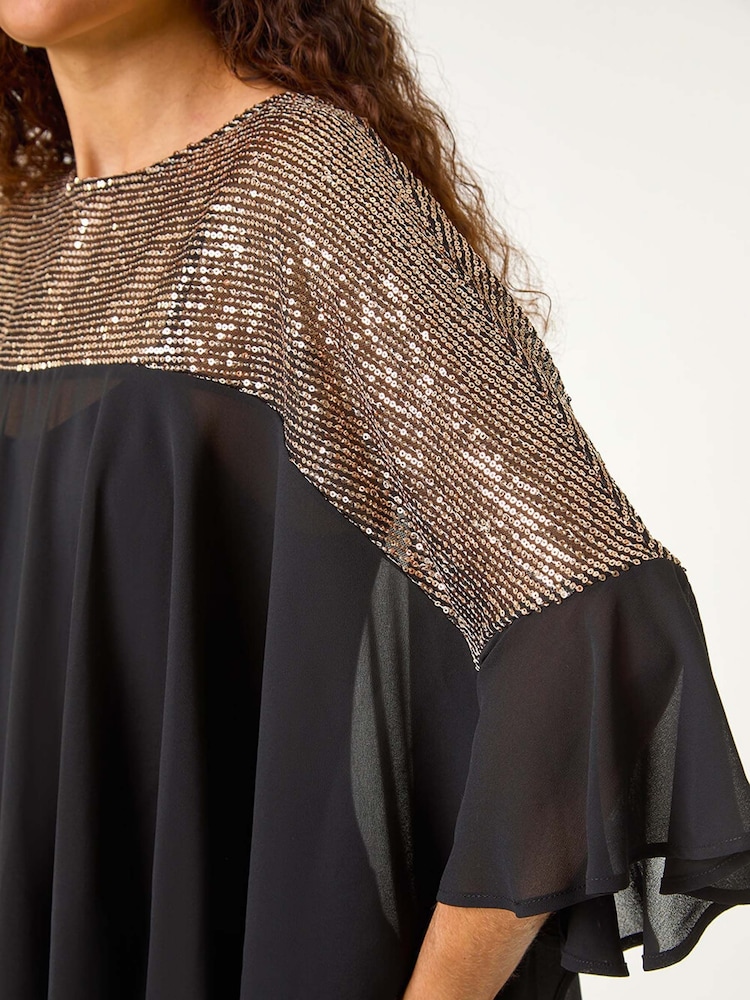 Roman Black Chrome Sequin Yoke Frilled Tunic Top - Image 5 of 5