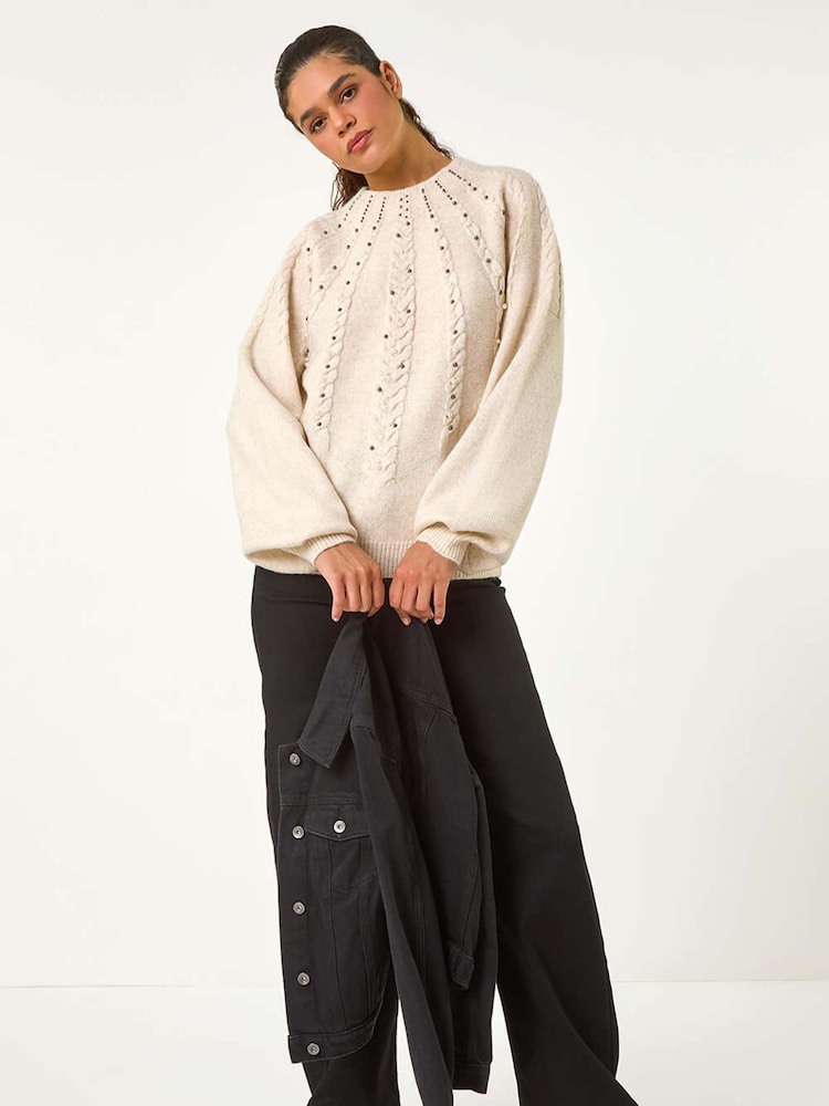 Roman Natural Graduated Faux Pearl Cable Knit Jumper - Image 1 of 6