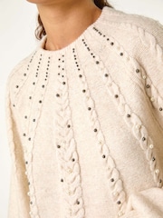 Roman Natural Graduated Faux Pearl Cable Knit Jumper - Image 3 of 6