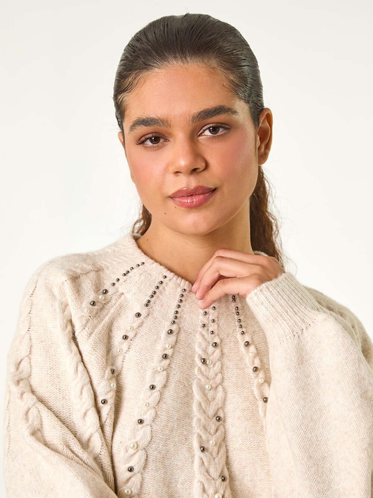 Roman Natural Graduated Faux Pearl Cable Knit Jumper - Image 4 of 6