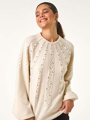 Roman Natural Graduated Faux Pearl Cable Knit Jumper - Image 6 of 6