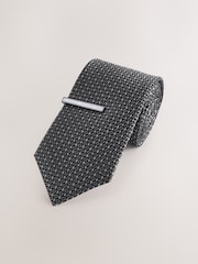 Grey Wide Silk Tie With Tie Clip - Image 1 of 3