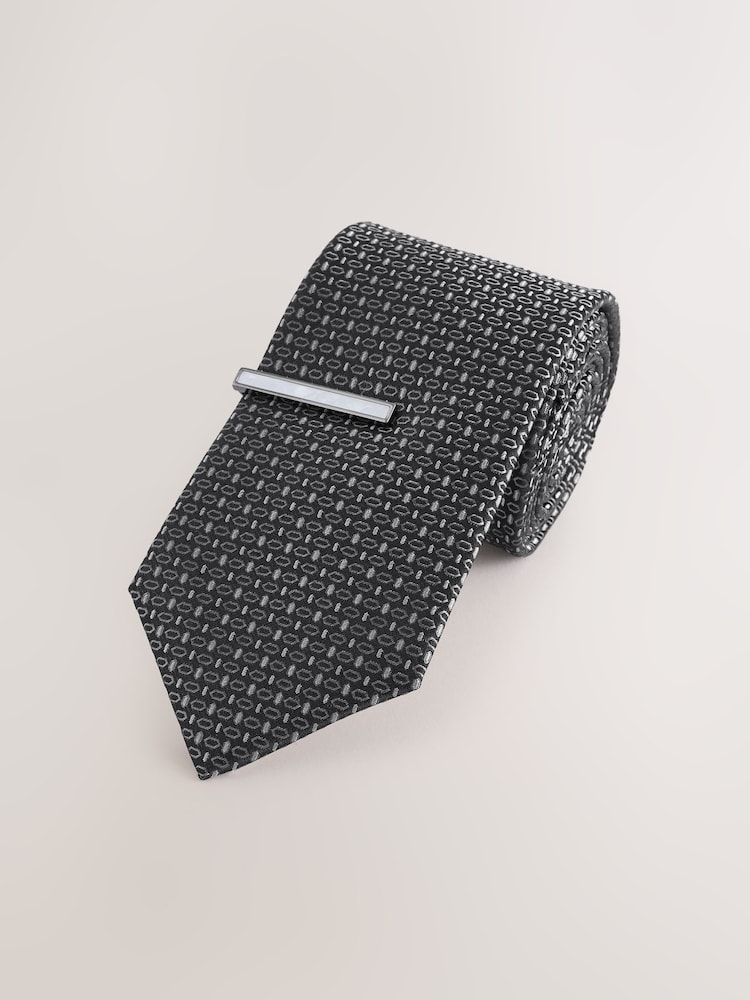 Grey Wide Silk Tie With Tie Clip - Image 1 of 3