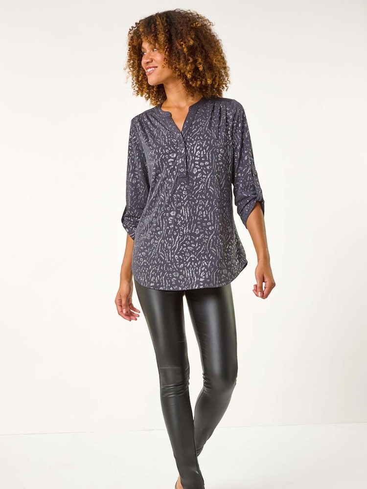 Roman Grey Glitter Animal Print Stretch Shirt - Image 2 of 5