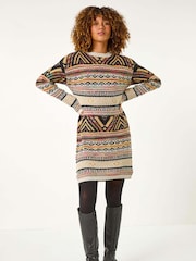 Roman Brown Pattern Knitted Dress - Image 1 of 5