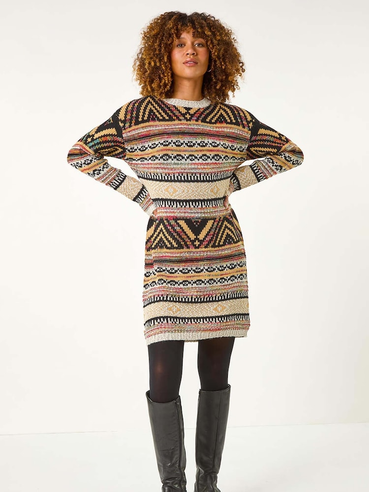 Roman Brown Pattern Knitted Dress - Image 1 of 5
