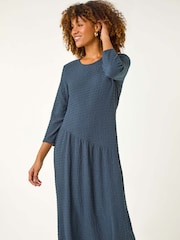 Roman Blue Textured A-Line Stretch Midi Dress - Image 1 of 5