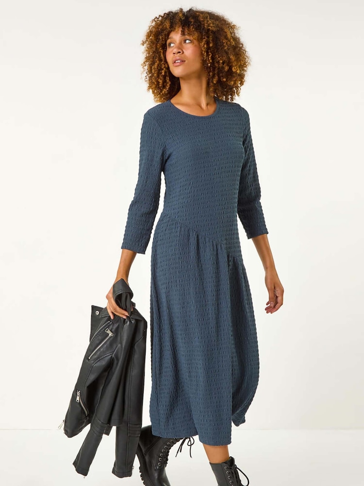 Roman Blue Textured A-Line Stretch Midi Dress - Image 2 of 5