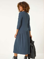 Roman Blue Textured A-Line Stretch Midi Dress - Image 3 of 5
