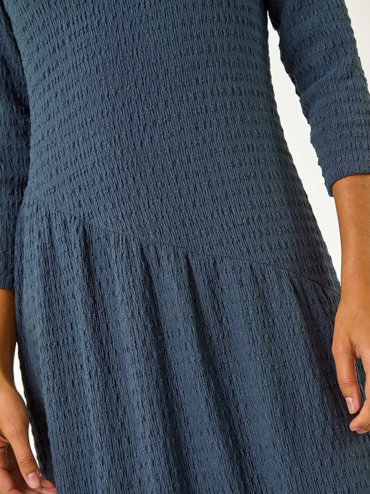 Roman Blue Textured A-Line Stretch Midi Dress - Image 5 of 5