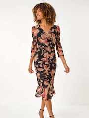 Roman Brown Ruched Floral Frill Dress - Image 1 of 5