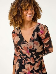 Roman Brown Ruched Floral Frill Dress - Image 4 of 5