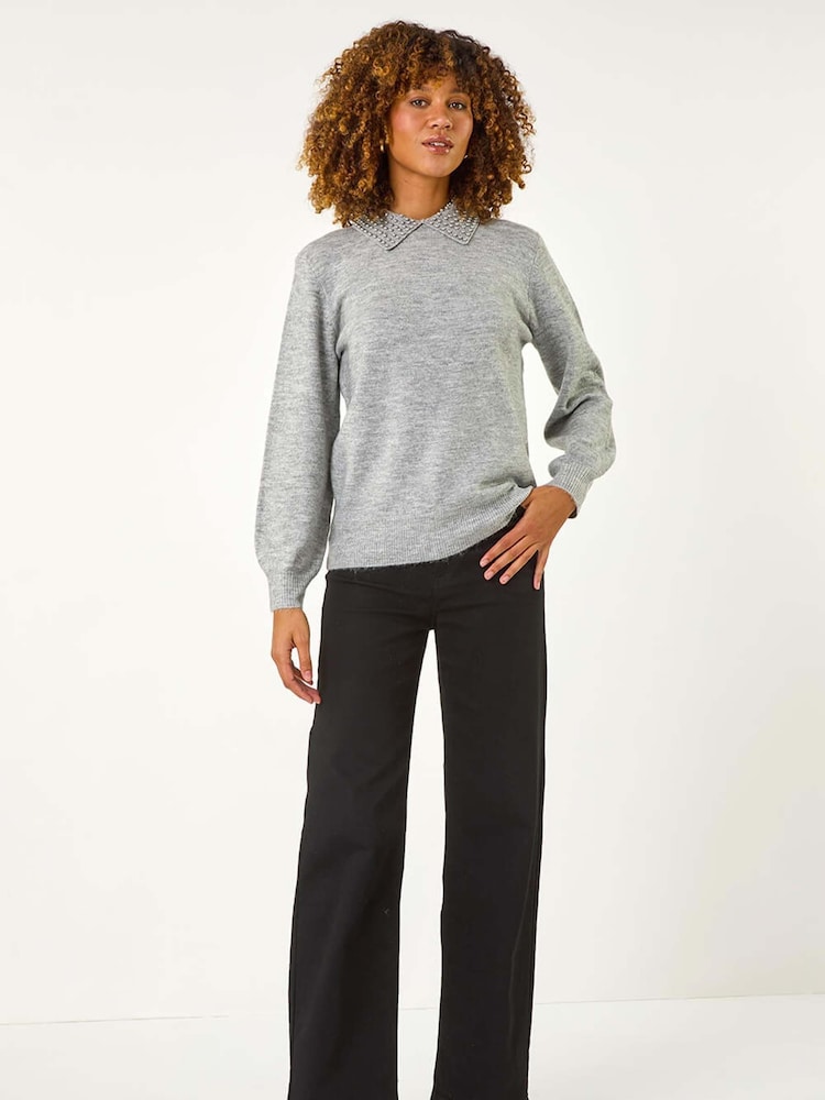 Roman Grey Faux Pearl Collar Jumper - Image 2 of 5