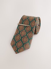 Green Geometric Print Tie with Tie Clip - Image 1 of 3