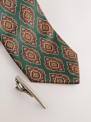 Green Geometric Print Tie with Tie Clip - Image 2 of 3