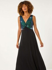 Roman Green Contrast Sequin Bodice Maxi Dress - Image 1 of 5