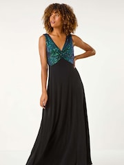 Roman Green Contrast Sequin Bodice Maxi Dress - Image 2 of 5