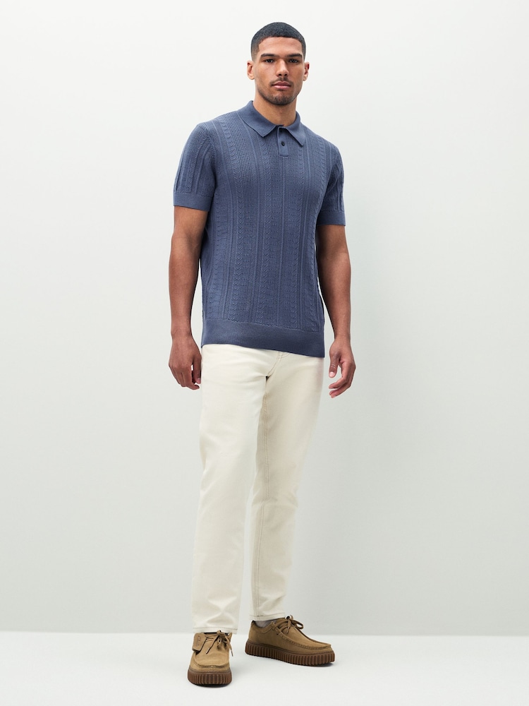 Lyle & Scott Blue 100% Cotton Crochet Knit Polo Shirt - Image 2 of 6