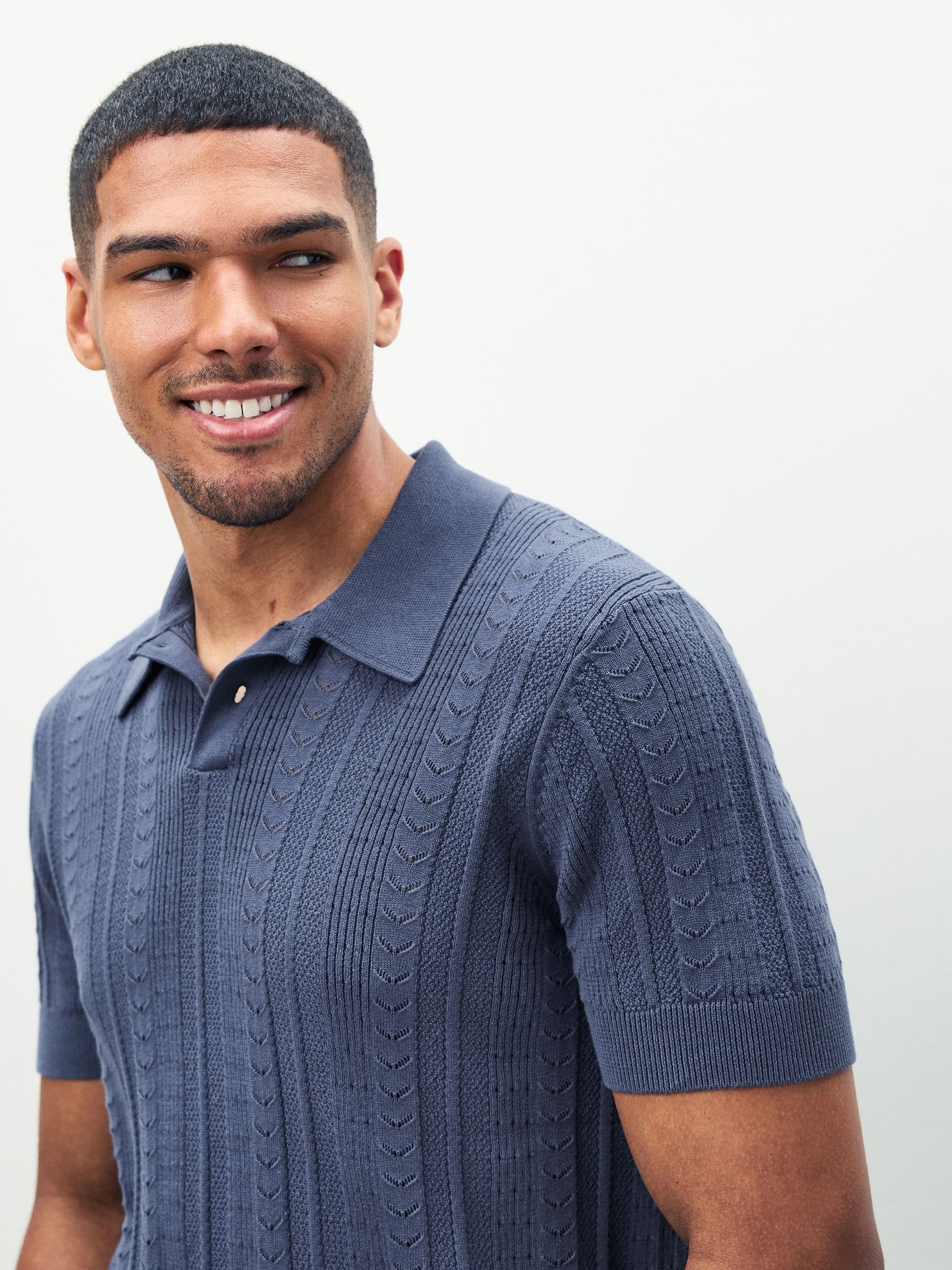 Buy Lyle & Scott Blue 100% Cotton Crochet Knit Polo Shirt from