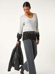 Roman Grey Colour Block V-Neck Boyfriend Jumper - Image 1 of 6