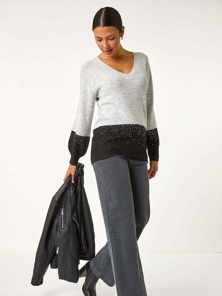 Roman Grey Colour Block V-Neck Boyfriend Jumper - Image 1 of 6