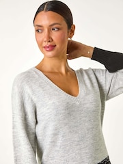 Roman Grey Colour Block V-Neck Boyfriend Jumper - Image 4 of 6