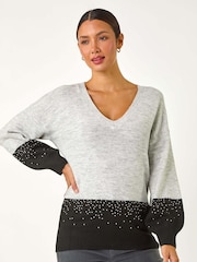 Roman Grey Colour Block V-Neck Boyfriend Jumper - Image 6 of 6